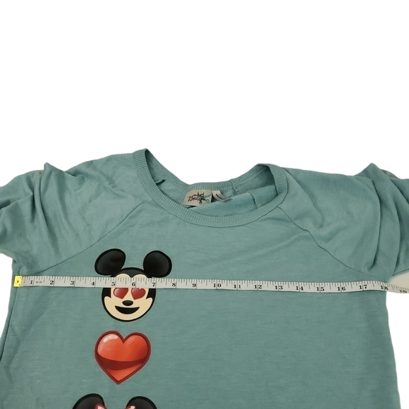 Disney Sweater Womens Small Teal Blue Mickey & Minnie Mouse Emoji Crew Neck - Picture 8 of 10